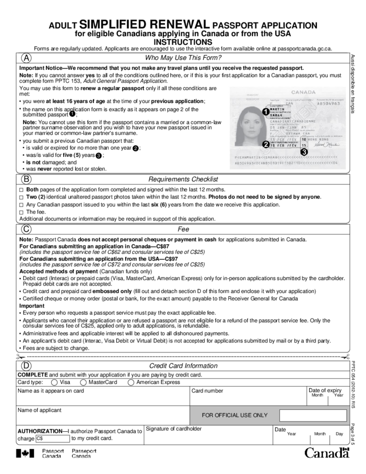 Adult Renewal Passport Application For Eligible Canadians Free Download