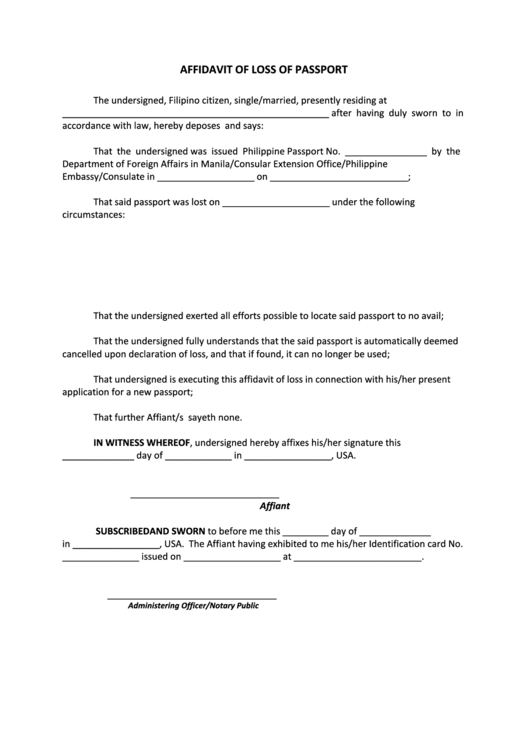 Affidavit Of Loss Of Passport Printable Pdf Download