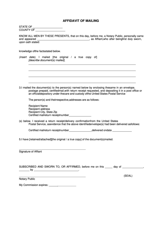 Affidavit Of Mailing Form Printable Pdf Download