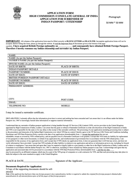 Application For Surrender Of Indian Passport citizenship United