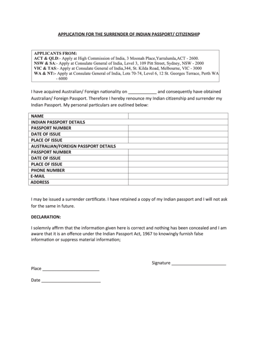 Application For The Surrender Of Indian Passport Citizenship Printable 