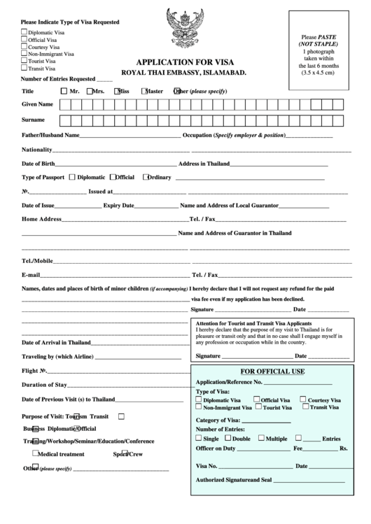 Application Form For Visa Royal Thai Embassy Islamabad Printable Pdf 