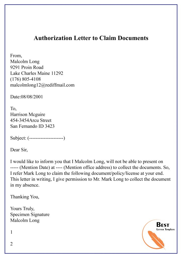 Authorization Letter Template To Claim Format Sample Example Best