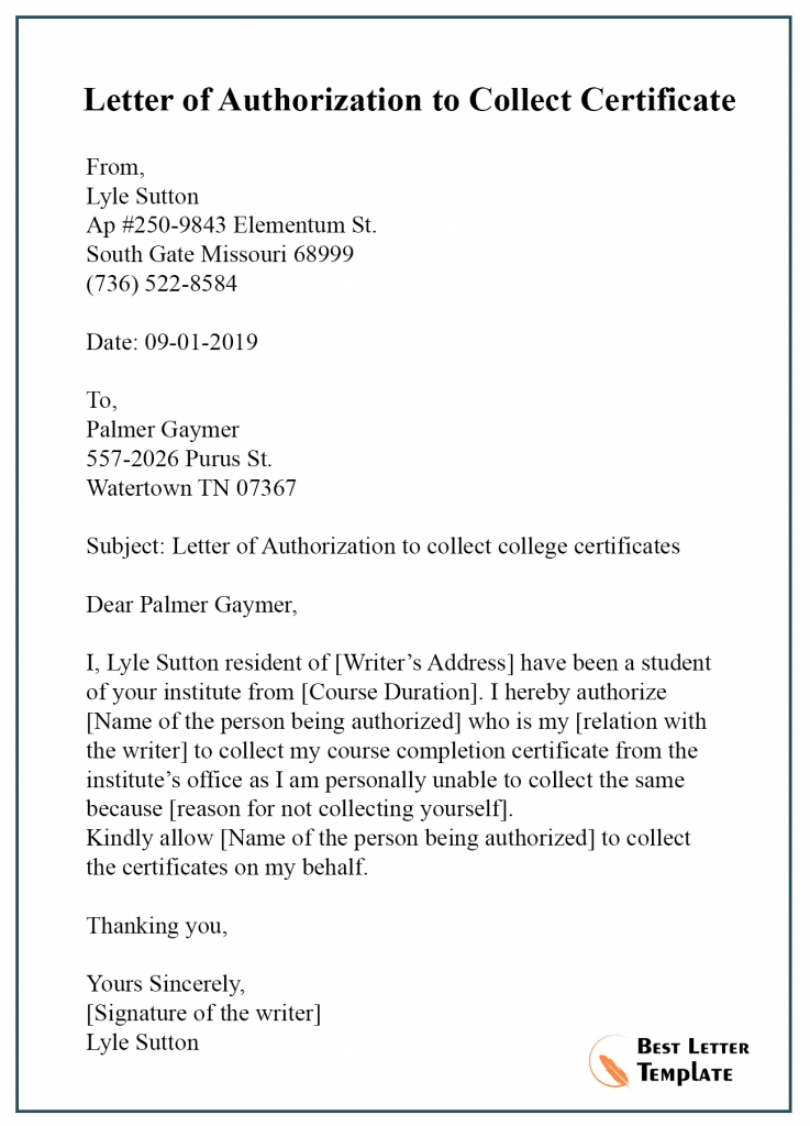 Authorization Letter To Collect Certificate Template Business Format