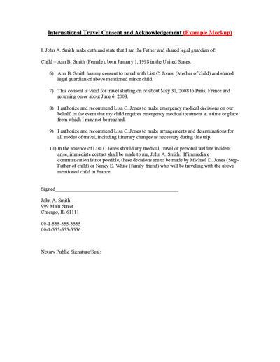 Child International Travel Consent Form Microsoft Word Document 