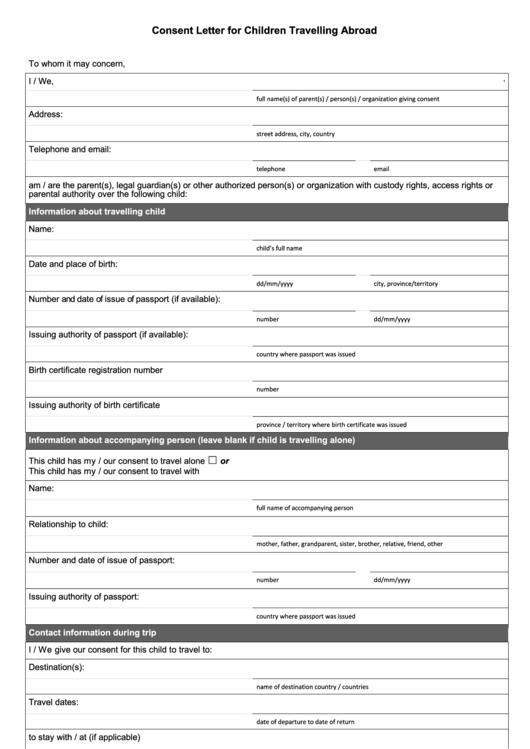 Consent Letter For Children Travelling Abroad Printable Pdf Download