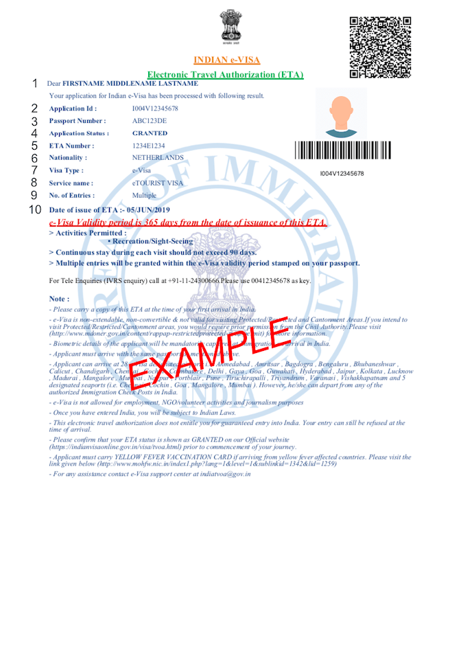 Example Indian Visa