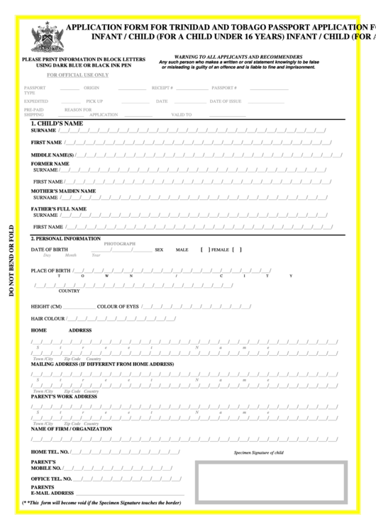 Fillable Application Form For Trinidad And Tobago Passport Infant