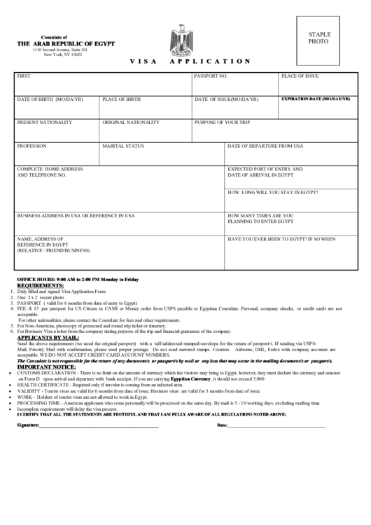 Fillable Consulate Of The Arab Republic Of Egypt Visa Application 