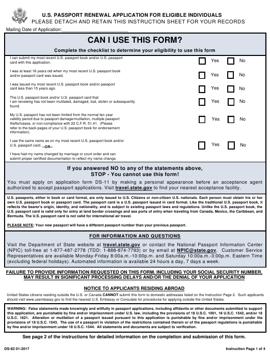 Form DS 82 Download Printable PDF Or Fill Online U S Passport Renewal