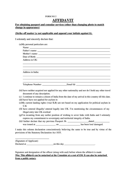 Form No 2 Affidavit For Obtaining Passport And Consular Services 