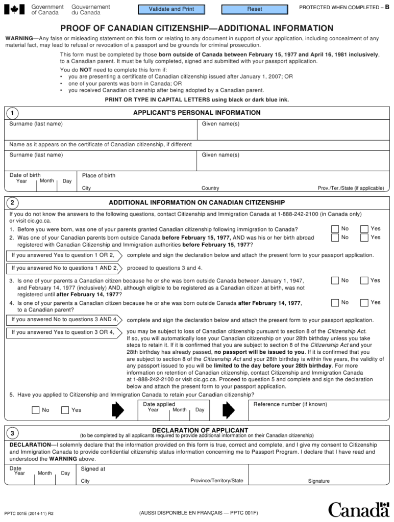 Form PPTC001 Download Fillable PDF Or Fill Online Proof Of Canadian 