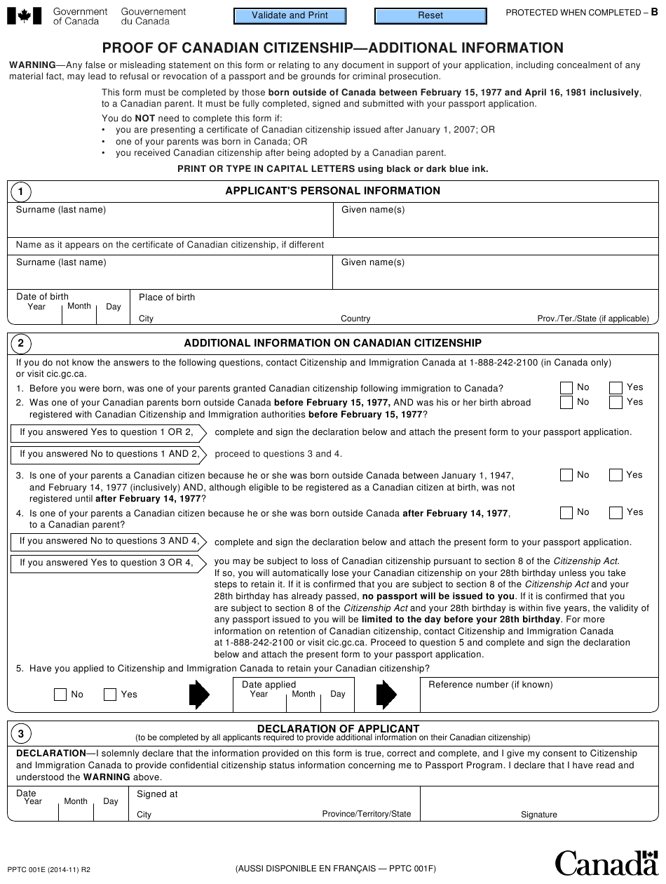 Form PPTC001 Download Fillable PDF Or Fill Online Proof Of Canadian 