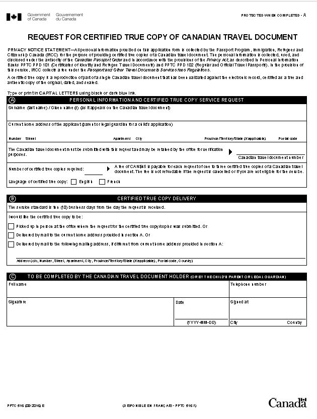 Form To Request Canadian Certified Passport Copy To Provide To IRS For 