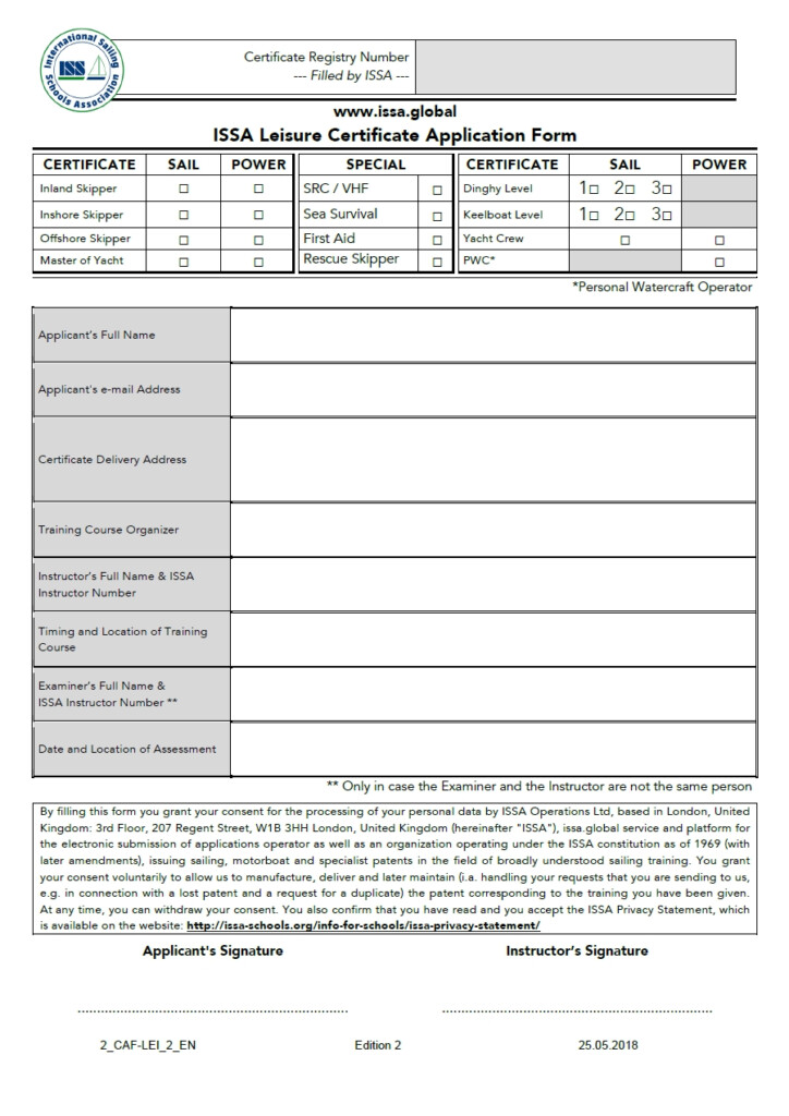 ISSA Leisure Certificate Application Form ISSA International Sailing 