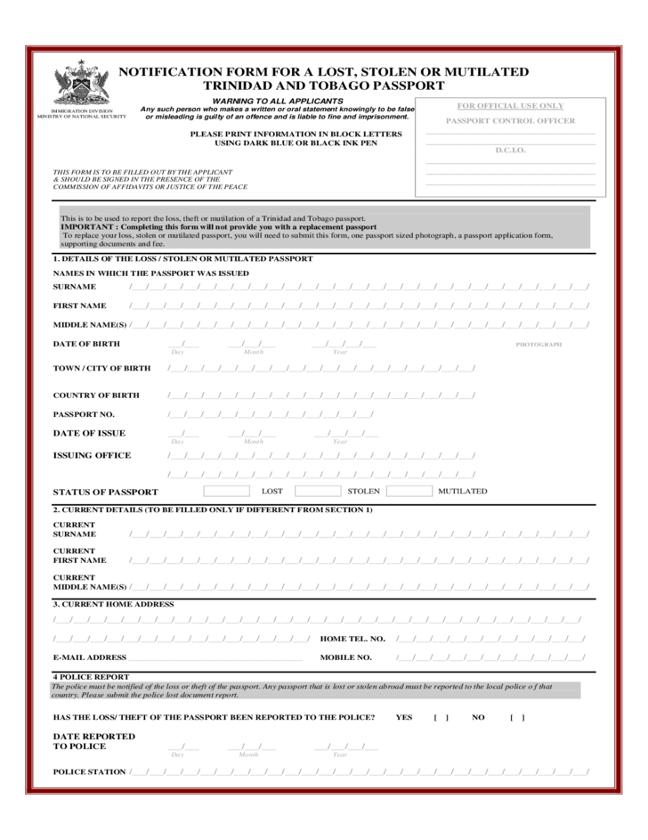 Lost Passport Notification Form Immigration Division Free Download