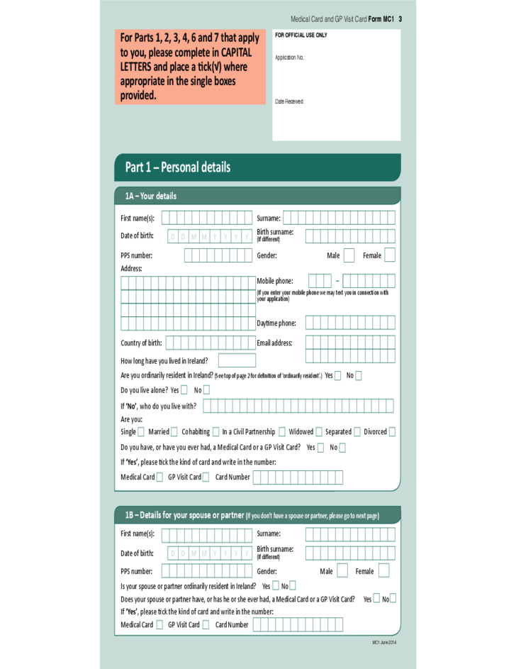 Medical Card And GP Visit Card Application Form Dublin Free Download