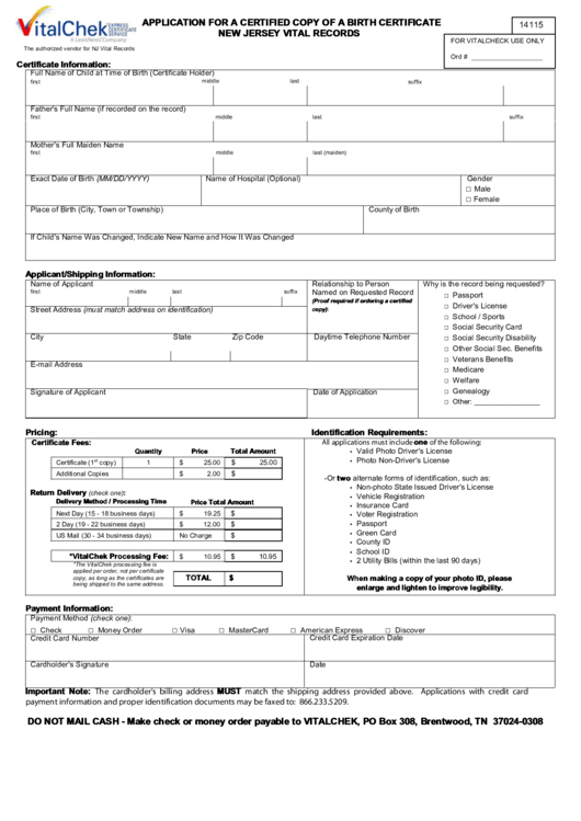 New Jersey Application For A Certified Copy Of A Birth Certificate