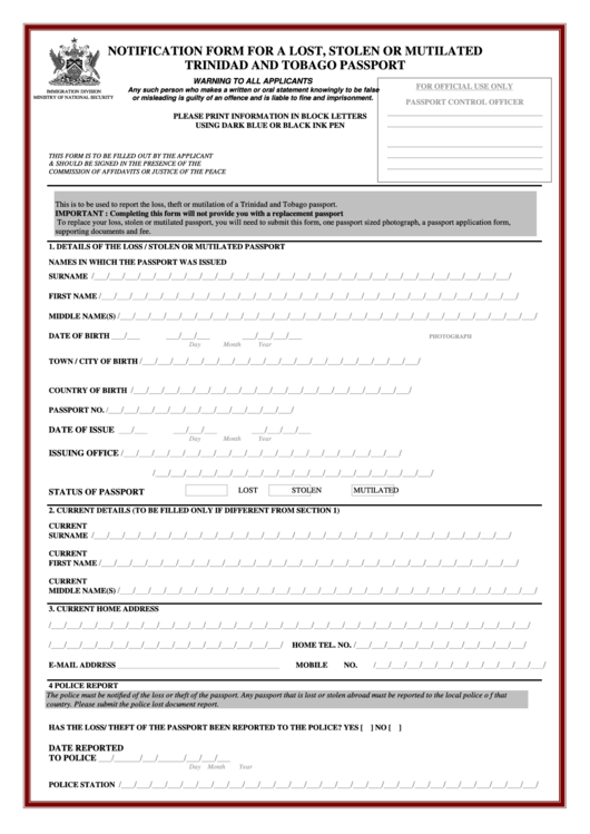 Notification Form For A Lost Stolen Or Mutilated Trinidad And Tobago 