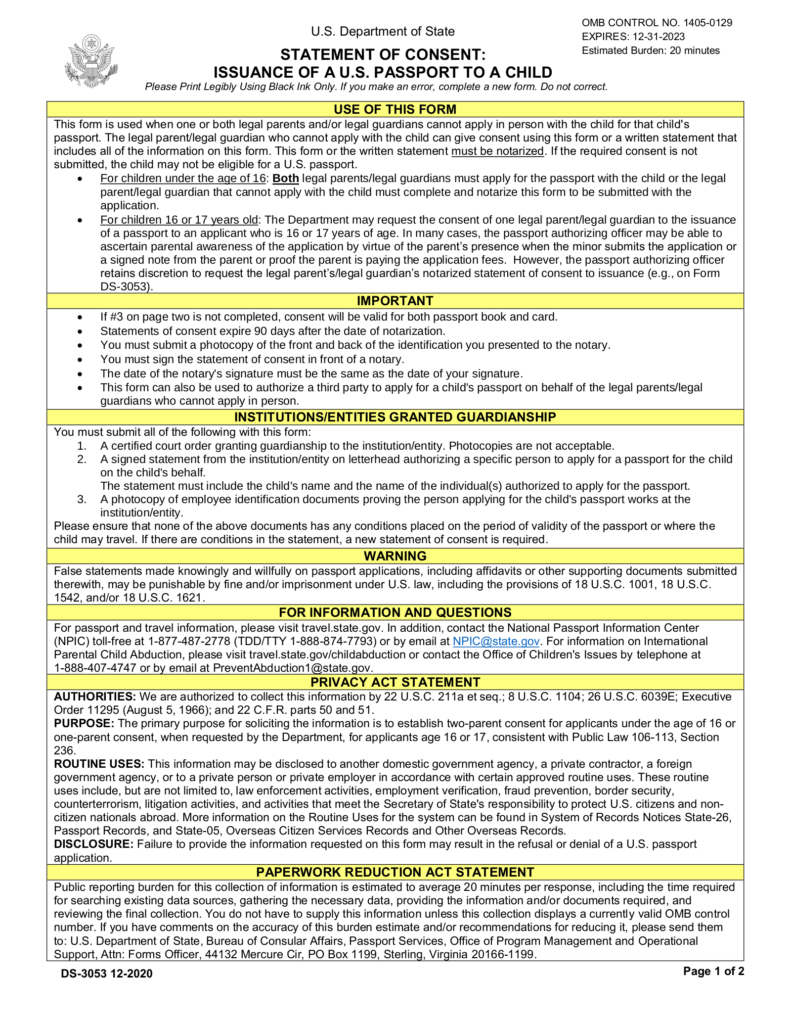 Passport Parental Consent Form DS 3053 EForms