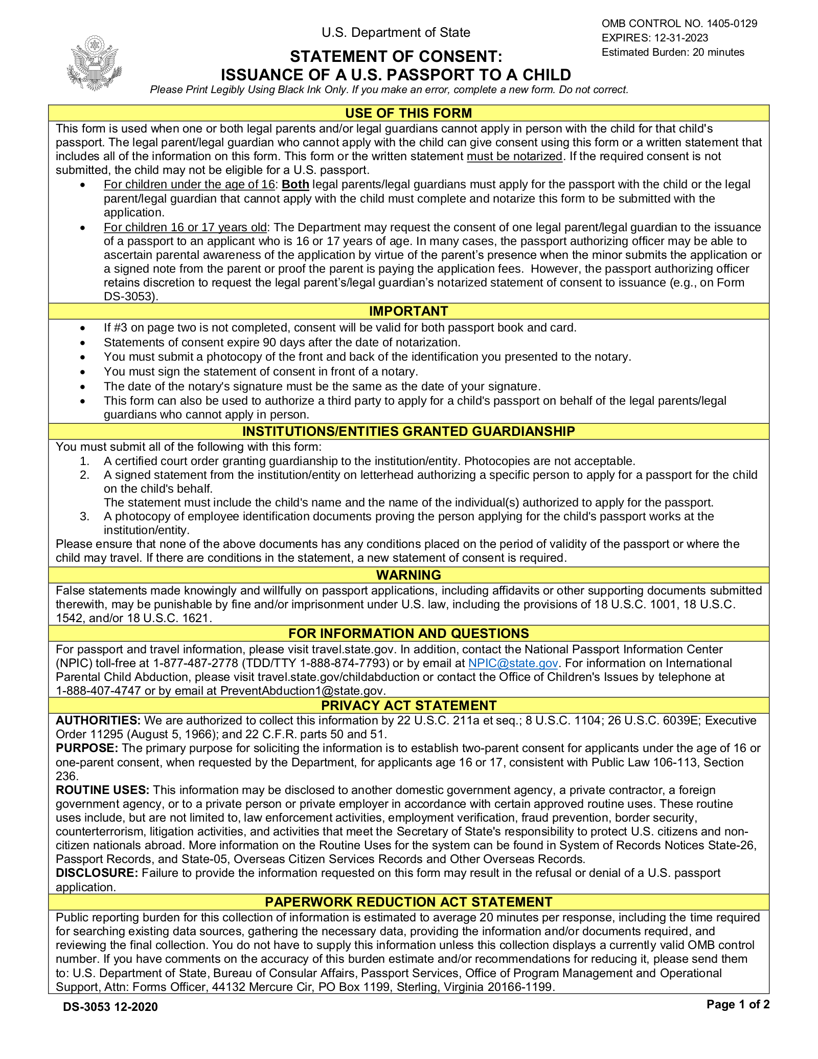 Passport Parental Consent Form DS 3053 EForms