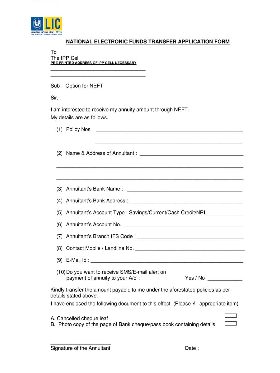 PDF LIC NEFT Application Form PDF Download InstaPDF