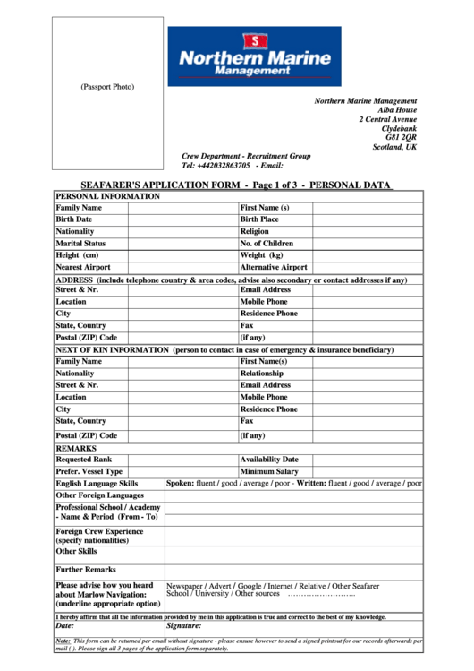 Seafarer S Application Form Scotland Crew Department Printable Pdf 