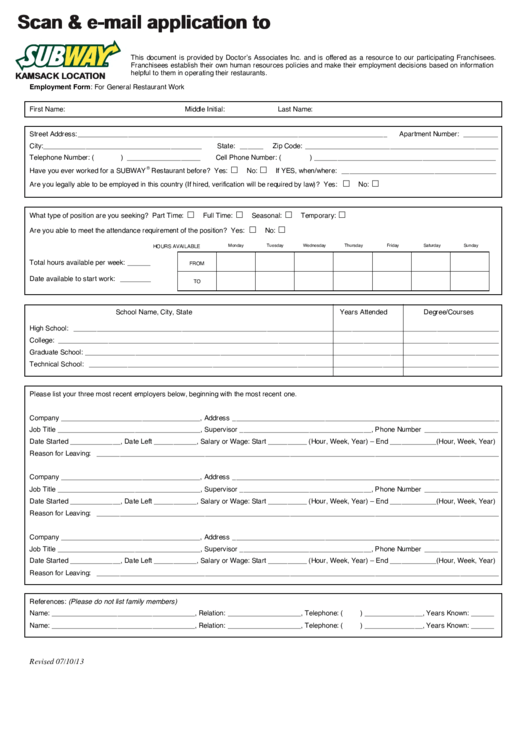 Subway Application Form Printable Pdf Download